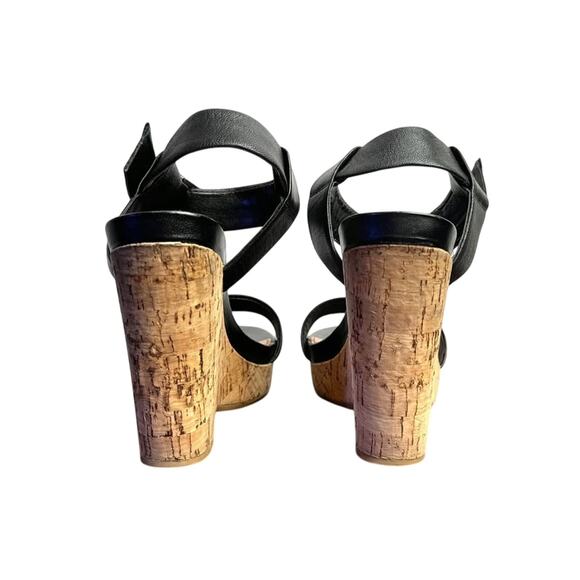 Women's Calvin Klein Black Leather Cork Wedge Heels Sandals - Size 6.5M - Picture 4 of 6